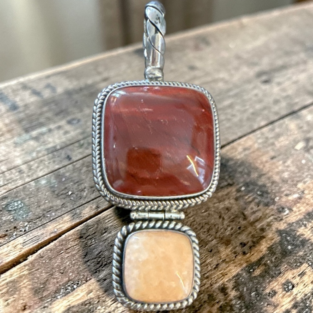 "Bali Artisan 925 Sterling Crazy Lace Agate & Coral Boho Statement Pendant 2.75”
